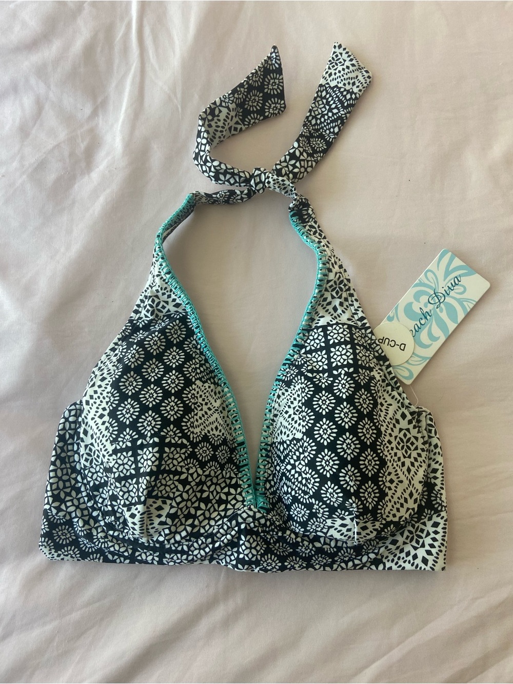 Halter Bikini Top in Black & White with Aqua Trim - Women Swim